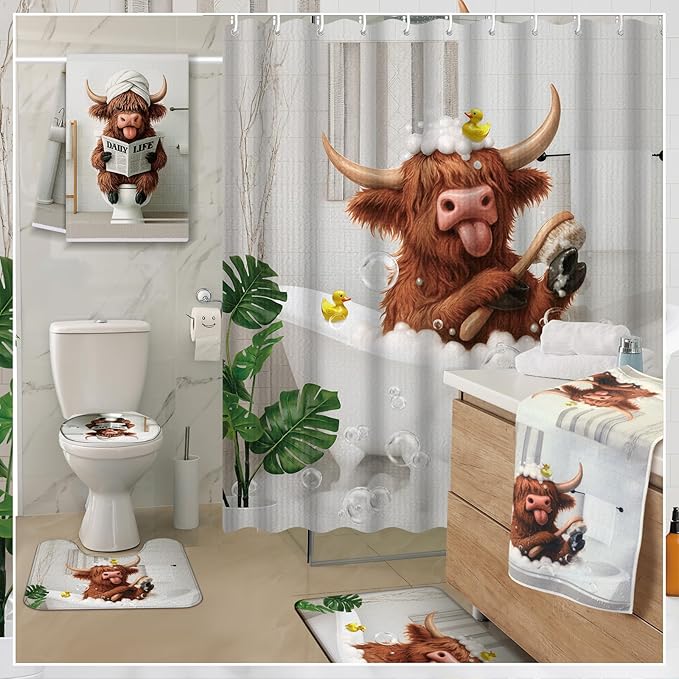 Nuanchu 6 Pcs Highland Cow Shower Curtain Set with Rug Bathroom Sets with Shower Curtain Bath Mat U Shaped Mat Toilet Lid Cover 2 Bath Towels and 12 Hooks Highland Cow Bathroom Decor