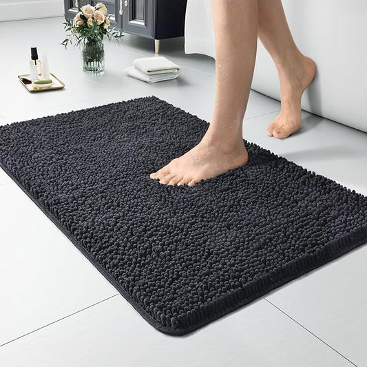 LOCHAS Luxury Bathroom Rug Shaggy Bath Mat 20 x 30 Inch, Washable Non Slip Bath Rugs for Bathroom Shower, Soft Plush Chenille Absorbent Carpets Mats, Dark Grey