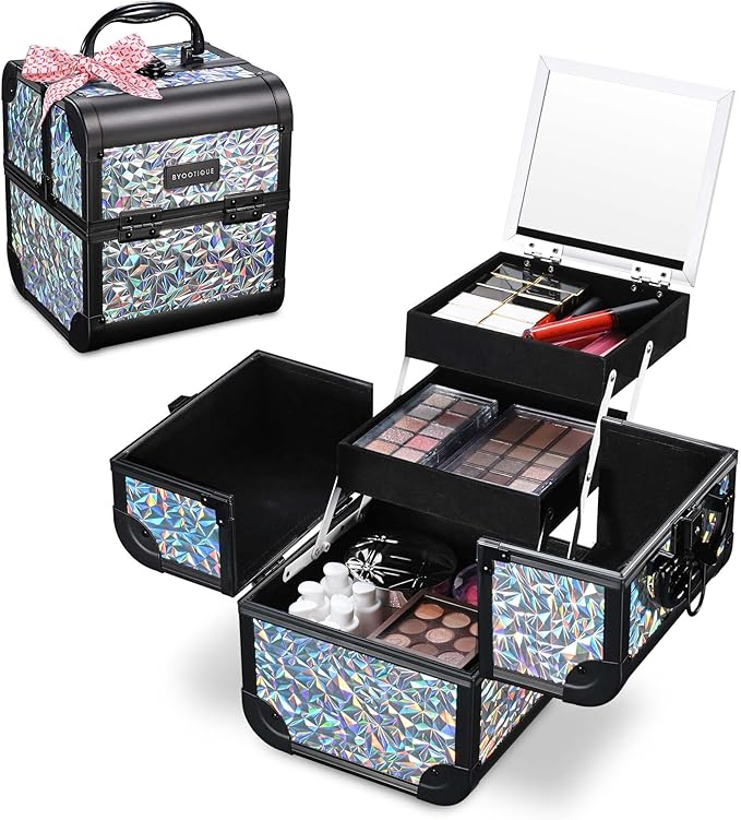 BYOOTIQUE 2-Piece Makeup Train Case Cosmetic Organizer Kit Mermaid Silver Salon