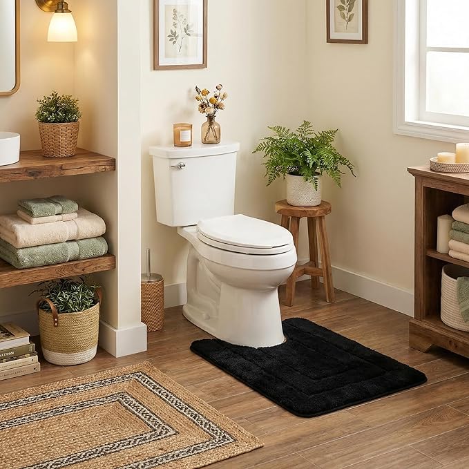 GRANNY SAYS Bathroom Toilet Rugs U Shaped, Bath Mats for Bath, Bathroom Rugs Non Slip Washable, Absorbent Microfiber Toilet Mat, Soft Plush Shaggy Bath Carpet, 20" x 24", Black