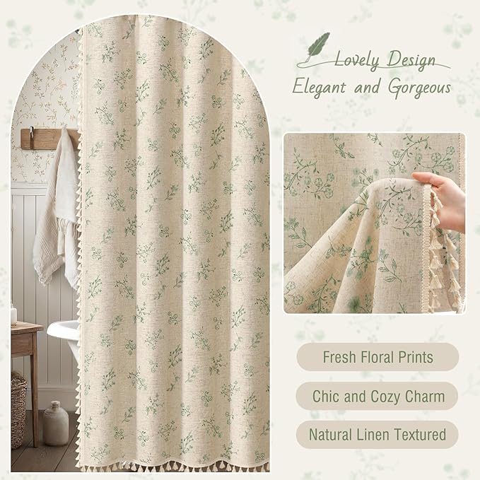 Green Floral Vintage Linen Shower Curtain, French Country Shower Curtains for Bathroom with Tassels, 72Wx72H