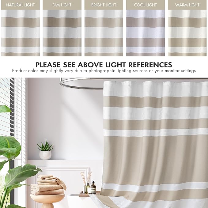 Madison Park Shower Curtain Waffle Weave Striped Pieced Design Fabric Shower Curtain for Bathroom with 3M Scotchgard Moisture Management Premium Spa Quality Modern Standard 72"x72" Taupe