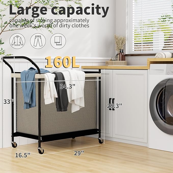 Laundry Hamper with Wheels,Laundry Basket with Removable and Washable Liner Bag, Metal-frame Laundry Cart with Handle for Bedroom, Bathroom, Dorm Room, Laundry Room (160L)