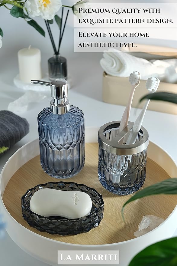 LaMarriti Blue Bathroom Accessories Set, 4Pcs Clear Glass Bathroom Decor Set, Lotion Soap Dispenser, Toothbrush Holder, Qtips Holder, Soap Dish for Crystal Modern Bath Decor, Gift Set