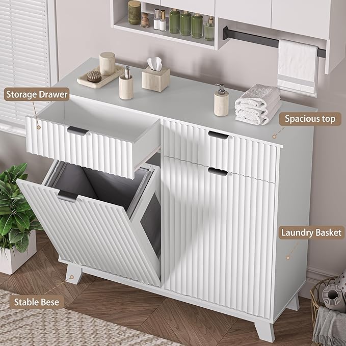 Wodeer Double Tilt Out Laundry Hamper Cabinet with 2 Drawers & Baskets, 20 Gallon Fluted Hidden Trash Can Cabinet, Farmhouse Wood Laundry Storage Cabinets for Bathroom, Kitchen, White