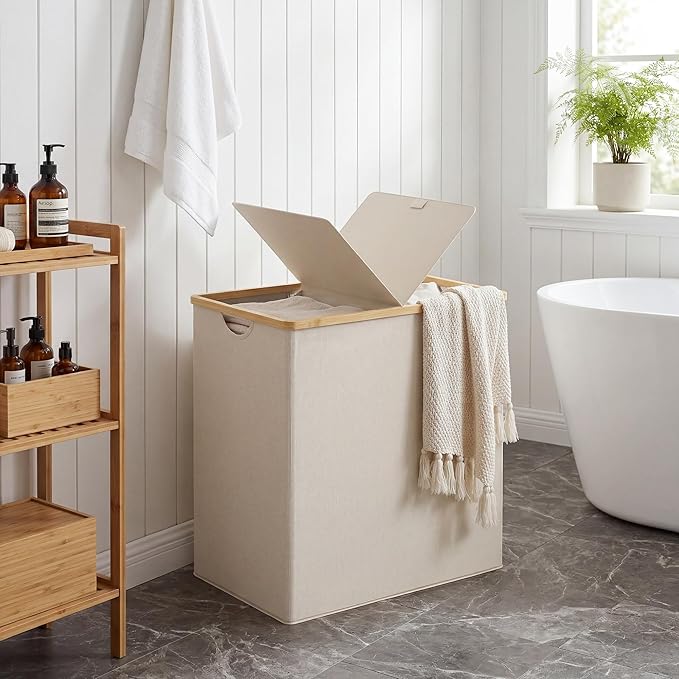 efluky Laundry Hamper with Lid, Double Laundry Hamper with 2 Removable Bags, 2 Section Laundry Basket with Bamboo Handles for Bathroom, Bedroom & Laundry Room, 140L (36.9 Gallon) Beige
