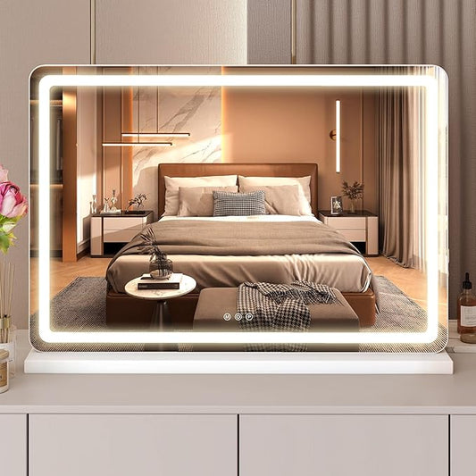 NEWBULIG 22"x32" LED Vanity Mirror with Lights, Lighted Smart Tabletop Makeup Mirrors for Desk, Touch Control Dimmable Brightness, 3 Color Lighting Modes