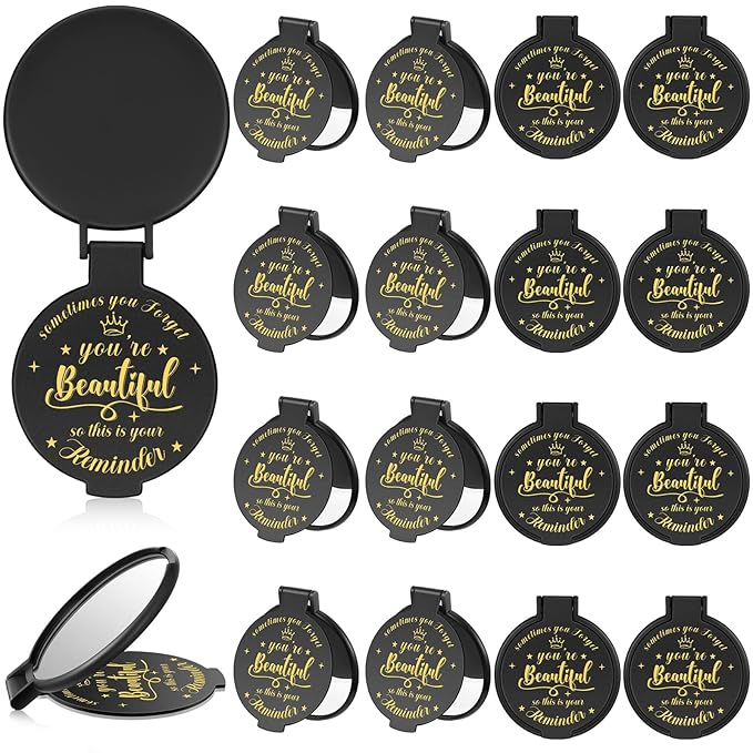 18 Pcs 2.76 Inch Inspirational Compact Mirror Bulk Women Small Gifts Graduation Party Favors Purse Mirror Pocket Mini Stuffer Items for Adult Coworker Cheerleader Employee (Black)
