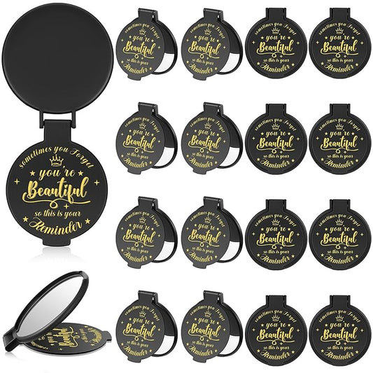 18 Pcs 2.76 Inch Inspirational Compact Mirror Bulk Women Small Gifts Graduation Party Favors Purse Mirror Pocket Mini Stuffer Items for Adult Coworker Cheerleader Employee (Black)