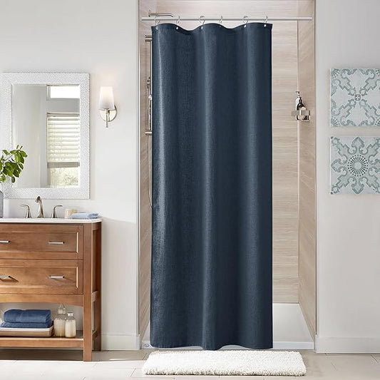 Naturoom Denim Blue 36 Inch Shower Curtain - Stall Narrow Half Linen Ultra Thick Fabric Shower Curtain Set with Hooks, Boho Farmhouse Rustic RV Camper Bath Curtains for Bathroom, 36x72