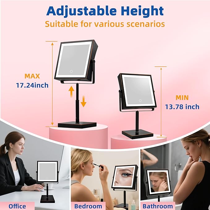 Ruacq Makeup Mirror with Lights, 4000mAh Rechargeable Magnifying Mirror with Light, 1X/10X, Height Adjustable Bathroom Vanity Mirror, 3 Colors, Adjustable Brightness (Oil Rubbed Bronze)
