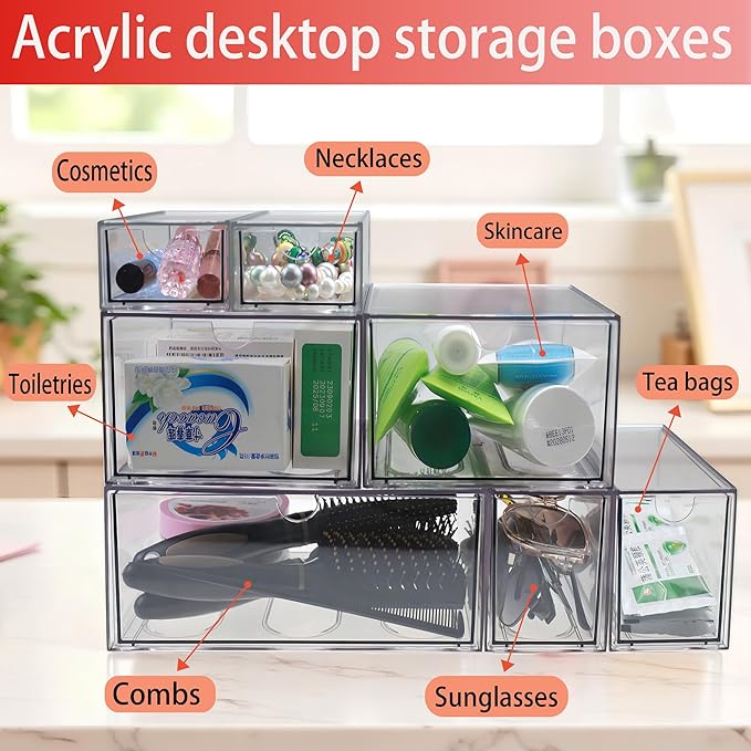 7 Pack Stackable Storage Drawers Acrylic Bathroom Makeup Organizer Clear Plastic Storage Bins for Makeup,Vanity,Pantry,Desk,Undersink,Kitchen