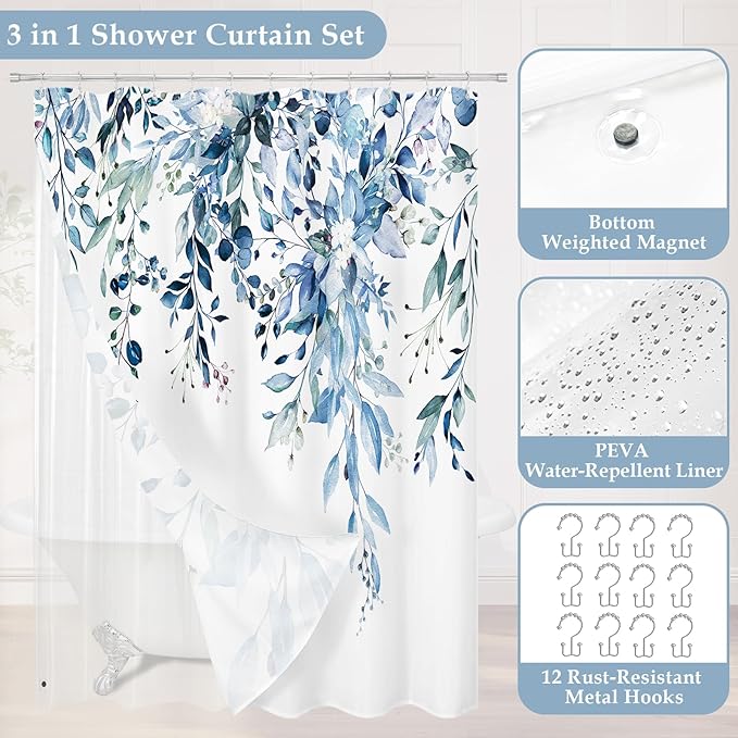 Gibelle 3 in 1 Shower Curtain Set, 72x72 Blue Eucalyptus Bath Curtain and PEVA Liner Set with 12 Metal Hooks, Waterproof Fabric Bathroom Curtain