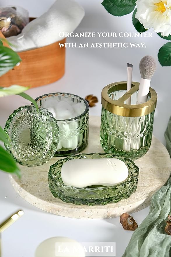 LaMarriti 4pcs Glass Bathroom Accessories Set, Clear Green Bathroom Soap Dispenser Set, Toothbrush Holder, Soap Dish, Soap Dispenser, Qtips Holder Set for Crystal Vintage Bath Decor (Green)