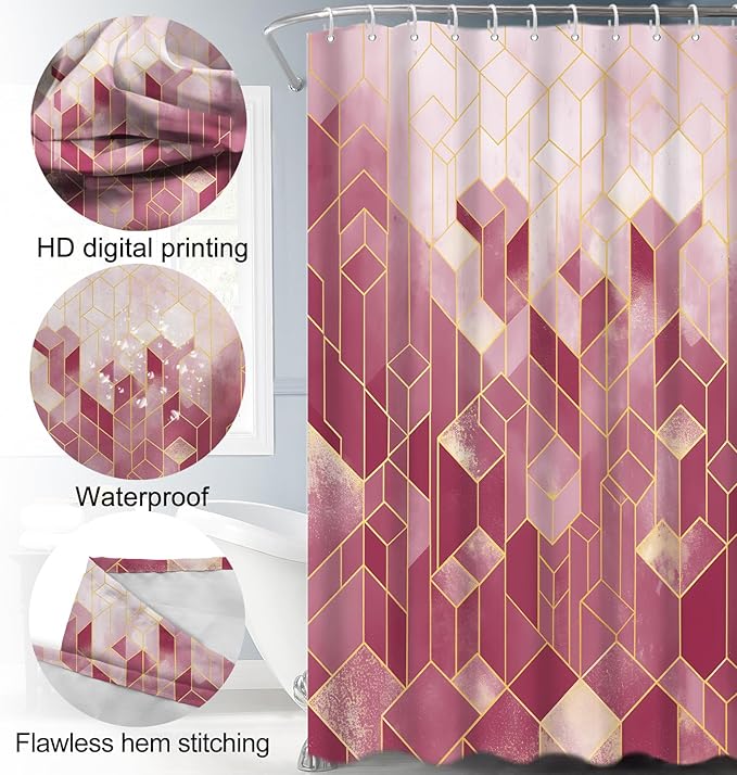 Lnond 4Pcs Bathroom Sets with Shower Curtain and Rugs, Red Bathroom Shower Curtain Sets, Red Gradient Modern Bathroom Decor Sets with Rugs and Accessories