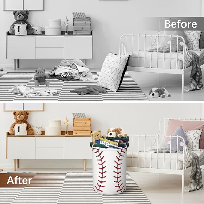 Baseball Laundry Basket, Collapsible Waterproof Oxford Cloth Laundry Hamper, Funny Round Kids Toys Storage Basket as Room Decor, Dirty Clothes Hamper for Bedroom Bathroom Dorm