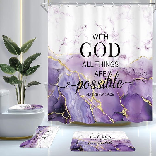 Cinbloo 4Pcs Purple Marble Christian Shower Curtain Set, Abstract Bible Verses Cracked Lines Modern Bathroom Curtain with Rug, Toilet Lid Cover, Bath Mat, Minimalist Shower Curtain with 12 Hooks