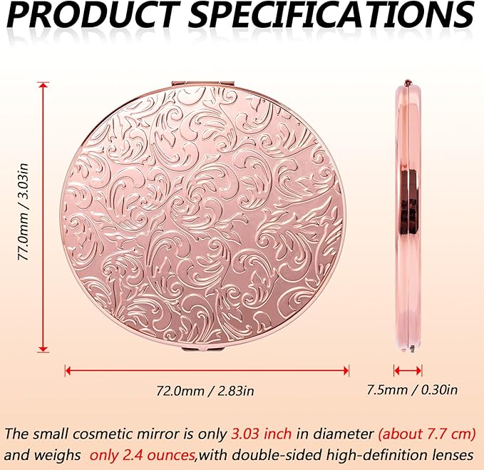 Oval Mini Portable Metal Folding Mirror, Beautiful and Elegant, Sturdy and Durable, 1X/2X Magnifier. (Oval Pattern Pink)