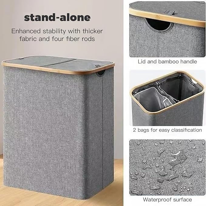 150L Laundry Basket with Lid, Large 2 Compartments Laundry Hamper with Handles & laundry bag Removable in Laundry Room, College Dorm, Bathroom, Bedroom (grey)