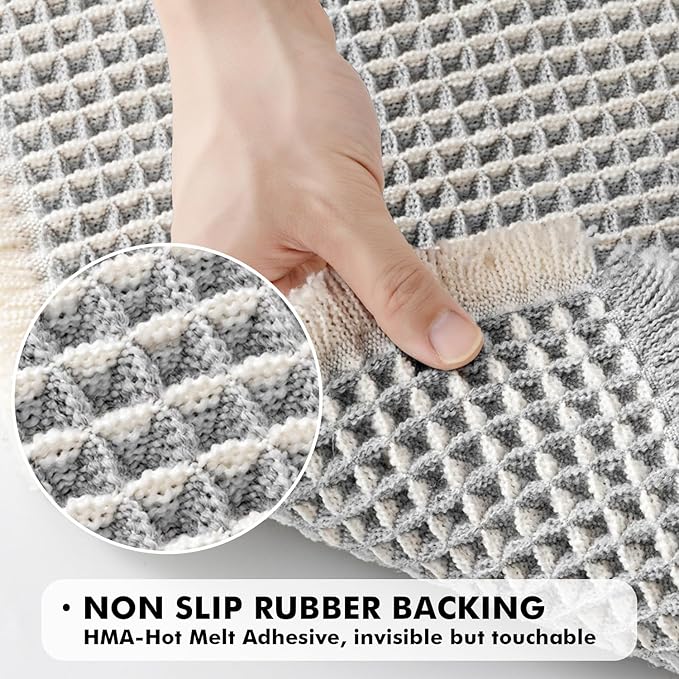 MIULEE Set of 2 Waffle Bathroom Rugs, Boho Bath Rugs Non Slip Washable, Super Absorbent Bath Mats, Ultra Soft Rubber Backed Shower Mats for Bathroom Floor, Tub, LightGrey & Cream, 18x30 Inch
