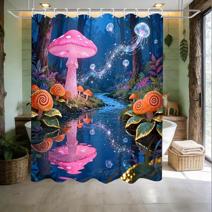 jieprom 4 Piece Blue and Pink Shower Curtain Set with Rugs, Magical Mushroom & Glowing Jellyfish Art, Surreal Forest Aesthetic Bathroom Decor, Waterproof Fabric with Non-Slip Mats & Toilet Lid Cover