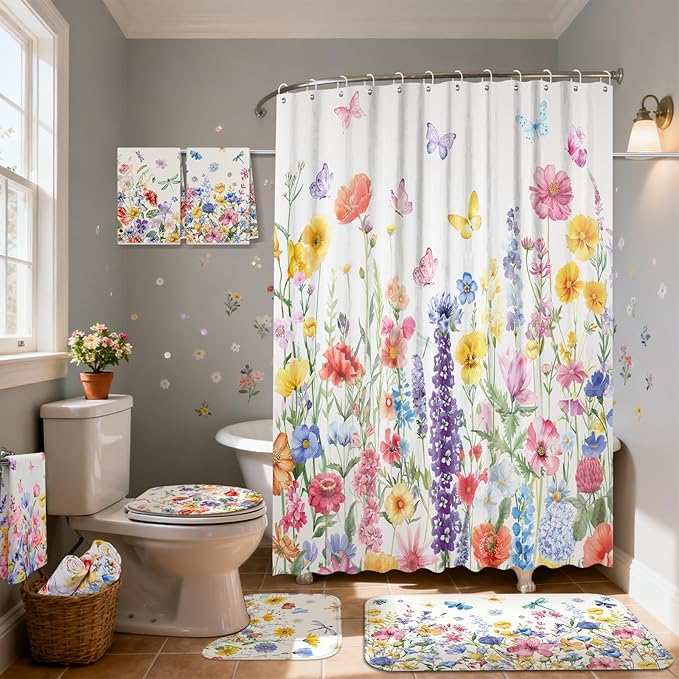 Tatuo 8 Pcs Spring Wildflower Shower Curtain Set Watercolor Floral Bathroom Accessories Decor Farmhouse Plants Butterfly Waterproof Shower Curtain with Towels Carpet Bath Mat Toilet Rugs and 12 Hooks