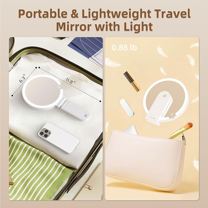 Travel Makeup Mirror with Lights, 20X/1X Double-Sided Magnifying Mirror with 3 Color Lights, Brightness Adjustable, Rechargeable, Foldable Handheld Makeup Mirrors Portable for Travel Use