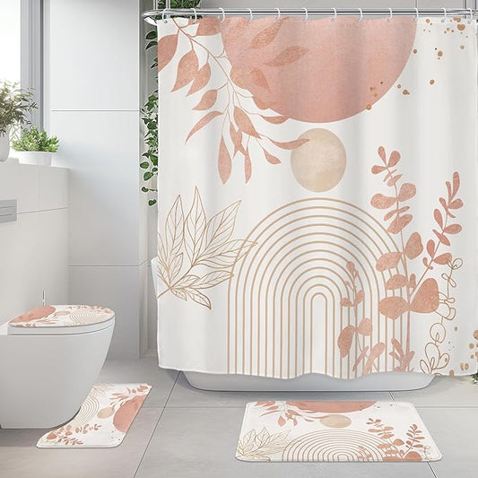 Riyidecor Boho Pink Gold 4Pcs Bathroom Shower Curtain Sets Mid Century Modern Minimalist Leaves Bathroom Decor Set with Rugs and Accessories Abstract Toilet Lid Rug, Contour and Bath Mat with 12 Hooks
