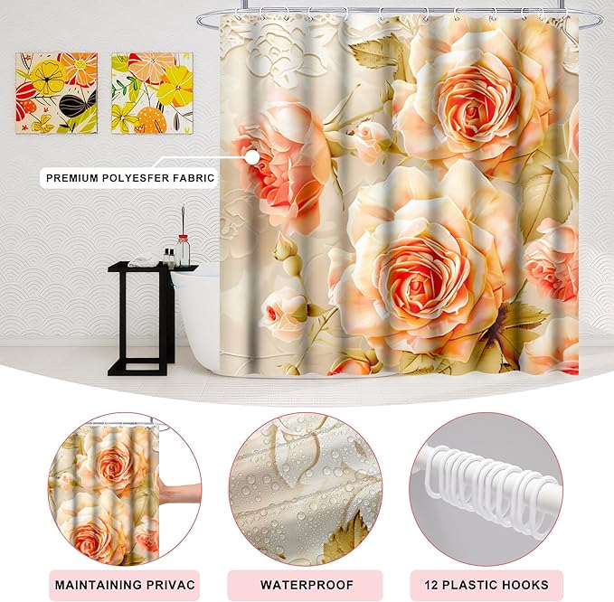 Poedist 4 Pcs Bathroom Shower Curtain Set,Rose Bathroom Set, Space Shower Curtain Sets with Rugs(Bath Mat,U Shape and Toilet Lid Cover Mat) and 12 Hooks