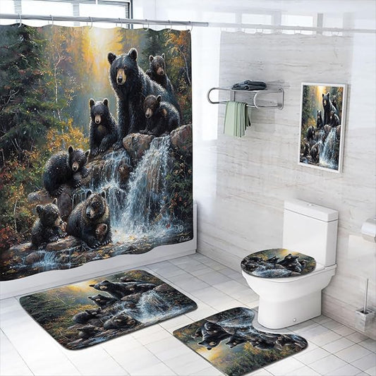 4 Pcs Black Bear Bathroom Shower Curtain Set with Rugs,Toilet Lid Cover, Bath Mat, Wildlife Bear Vintage Cabin Forest Waterfall Bathroom Decor Sets Accessories with 12 Hooks