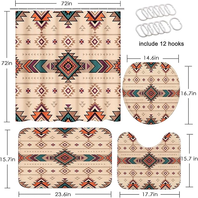 ArtSocket Boho Retro Bathroom Set with Shower Curtain and Rugs Accessory, Traditional Rhombus Summer Colorful Abstract Shower Curtain for Bathroom Decor 4 Pcs