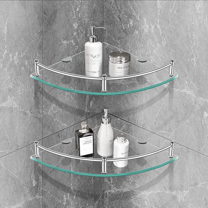 Glass Corner Shelves Tempered Bathroom Eestantes para Baños with Rail Wall Mounted Drill Hole for Corner Shower Shelf for Inside Shower 2 Pack（Sliver）