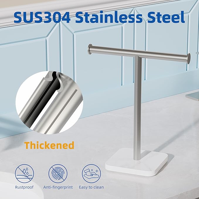 RUACQ Hand Towel Holder, T-Shape Free Standing Hand Towel Holder Stand with Marble Base, 304 Stainless Steel Hand Towel Stand for Bathroom Kitchen Vanity Countertop(Brushed Nickel)