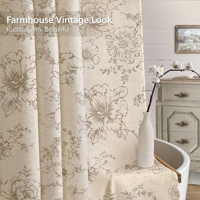 Farmhouse Floral Linen Shower Curtain, Vintage Tan Pattern Rustic Shower Curtains for Bathroom, Taupe,72x72