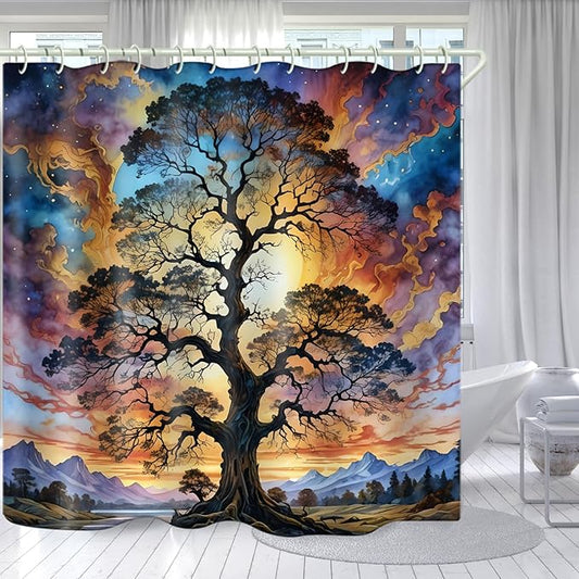 Shower Curtains Life Tree Theme, Colorful Bright Sky Brings A Unique Artistic Atmosphere to The Bathroom, 59x72 Inch Fabric Shower Curtain with 12 Hooks.