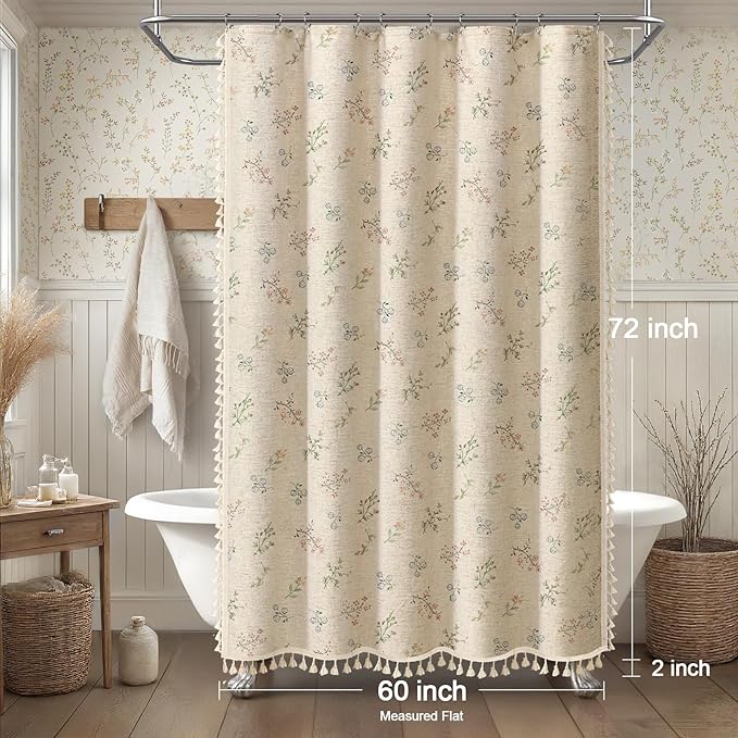 Floral Vintage Linen Shower Curtain, French Country Shower Curtains for Bathroom with Tassels, 60Wx72H