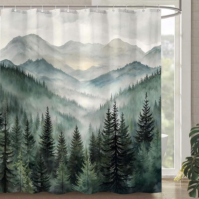 Accnicc Forest Mountain Shower Curtain Dark Green Nature Misty Pine Tree Shower Curtains for Bathroom Foggy Rustic Woodland Decorative Waterproof Fabric Bath Curtain Decor 72×78 Inches