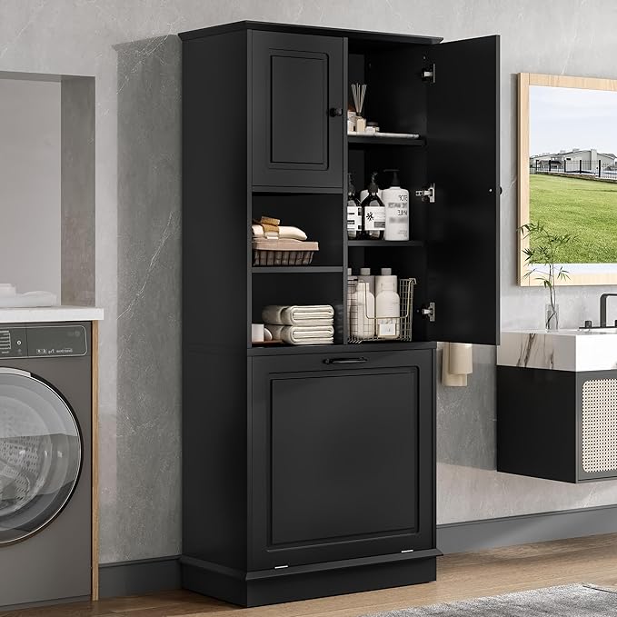 Virubi Tall Laundry Cabinet with Tilt Out Hamper, Wood Tall Laundry Room Cabinets with Doors, and Adjustable Shelves, for Bathroom Storage Organization, Freestanding, Black
