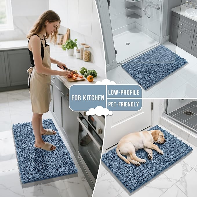 Yimobra Bathroom Rugs Non Slip Washable - Ultra Soft Absorbent Chenille Bath Mat, Quick Dry Shaggy Floor Carpet for Tub Shower, Denim Blue Home Decor Accessories, 24x17 Inch