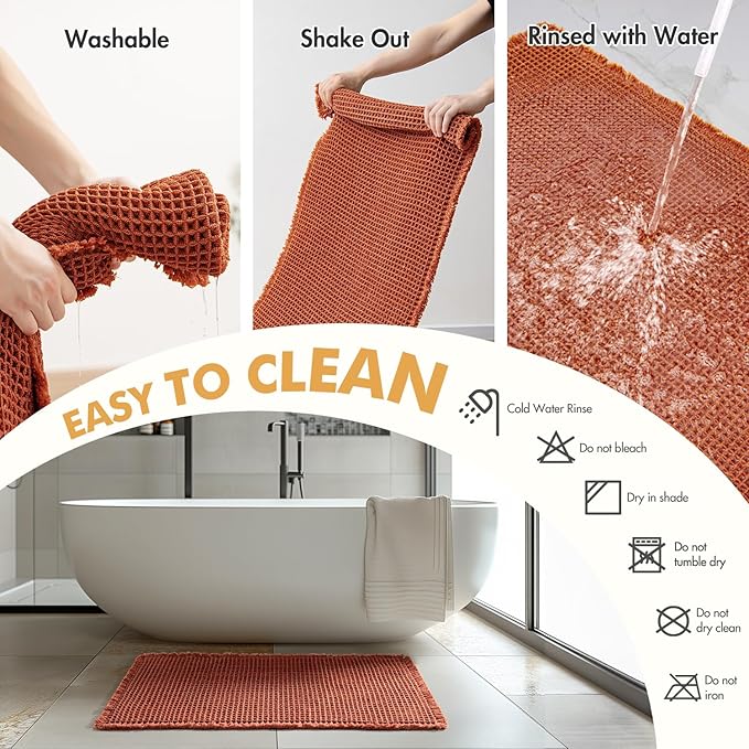MIULEE Orange Set of 2 Waffle Bathroom Runner Rugs, Boho Bath Rug Non Slip Washable, Super Absorbent Runner Bath Mats, Rubber Backed Shower Mat for Hallway Bedroom Laundry Room, 2'x4'(24x48 Inch)