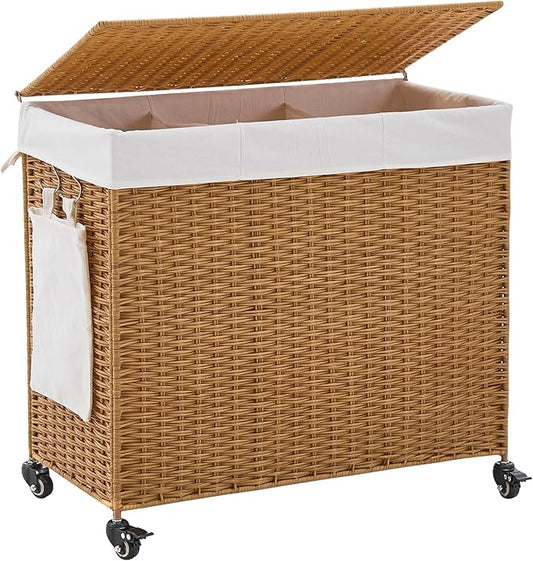 Handwoven Hamper with Lid, Laundry Basket with Wheels, Machine Washable Liner, 3 Section Clothes Hamper for Bathroom Laundry Room Bedroom, Rattan, 165L