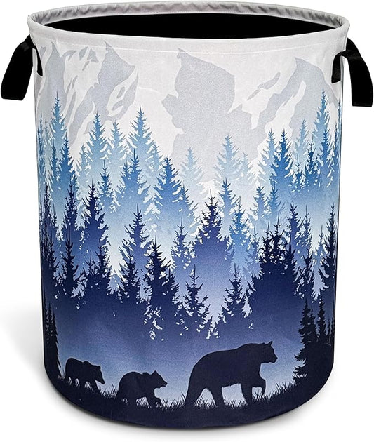 Mama Bear Laundry Basket Forest Mountains Foldable Oxford Cloth Funny Tote Bag Laundry Hamper Clothes Storage Bucket Toy Organizer For Bathroom/Laundry Storage/Bedroom 18.9x16.5 Inch