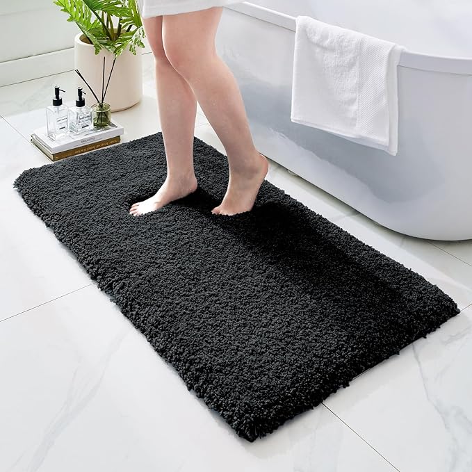 Bathroom Rugs Non Slip Washable 70x24, Ultra Thick Soft Microfiber Absorbent Bath Mats, High Density Foam Latex Non Slip Backing Bath Rugs, Fluffy Floor Carpet for Tub&Shower, Black