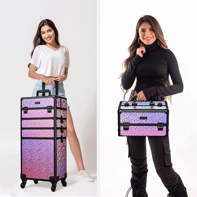 BYOOTIQUE 4in1 Rolling Cosmetology Case on Wheels Hairdressing Brush Bags Cosmetic Organizer Lash Storage Box for Makeup Artist Beauty Salon Nail Technician Hairstylist,Mermaid Pink