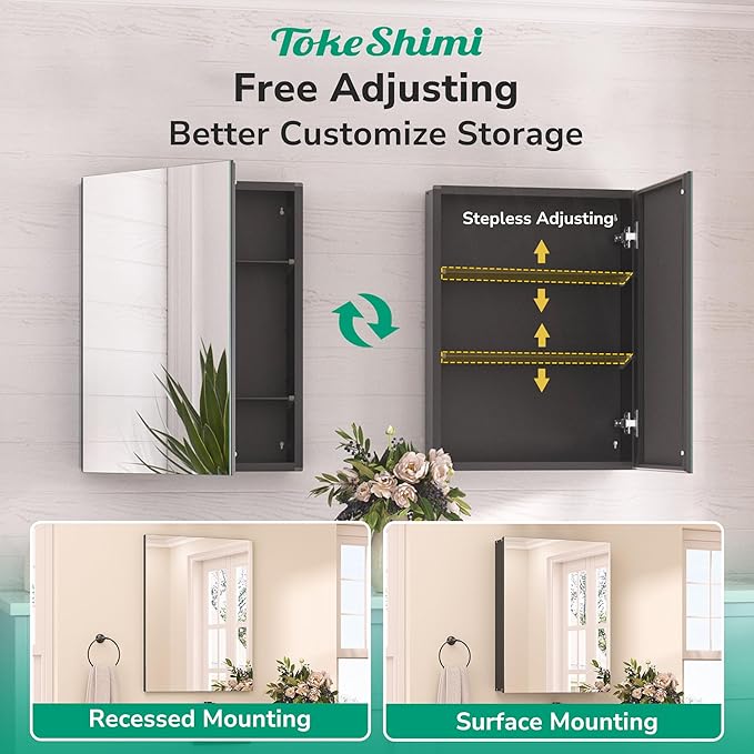 TokeShimi 60x32 Bathroom Medicine Cabinet with Mirror Tempered, Aluminum Black Mirrored Medicine Cabinet Recessed or Surface Mount with Adjustable Storage Metal for Modern Farmhouse