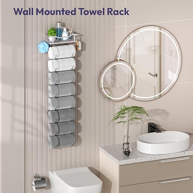 SWTYMIKI Over The Door Towel Rack - 9 Tier Towel Racks for Bathroom Wall Mounted, Towel Holder with Shelf, Hanging Rolled Towel Storage Organizer for Small Bathroom, Camper, RV, Sliver