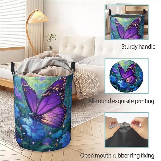 Laundry Hamper Foldable Oxford Cloth Purple Butterfly Flower Laundry Basket With Handle Portable Clothes Storage Organizer Basket Storage Bag For Laundry Room/Bedroom/Bathroom