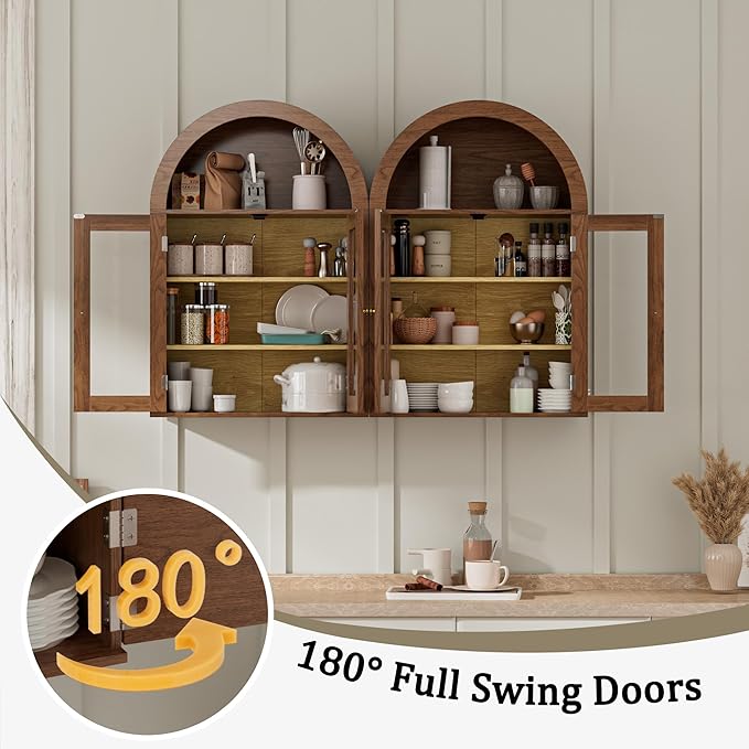 BREEZEHEAT Arched Medicine Cabinet with Glass Doors, Adjustable Shelf, Wall Mounted Bathroom Storage Cabinet Over Toilet, Walnut Wood Grain, 23.6''W × 31.5''H