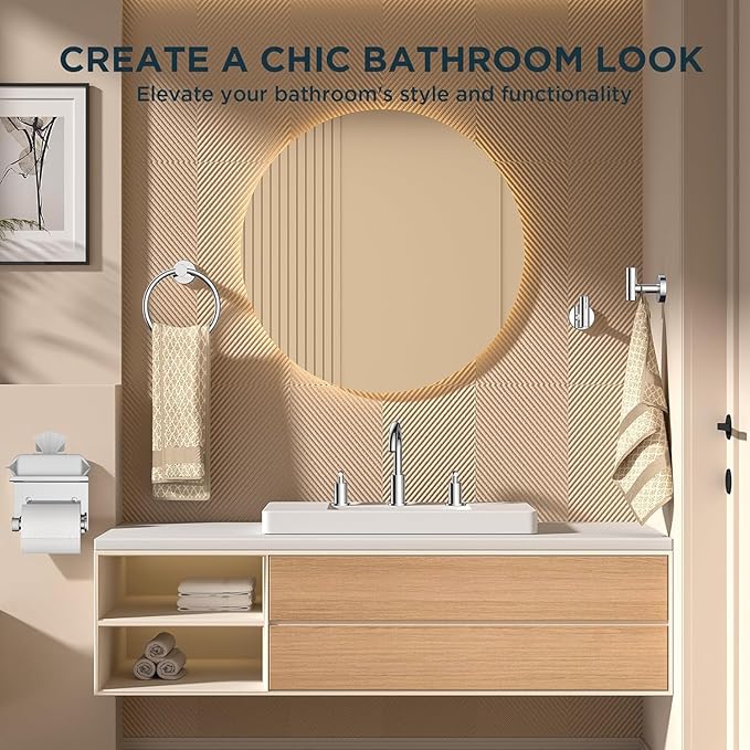 FORIOUS Bathroom Hardware Accessories Set, SUS304 Stainless Steel 24 Inch Towel Bar Set Wall Mounted, Modern Toilet Paper Holder with Shelf for Bathroom, 5 Pieces, Chrome