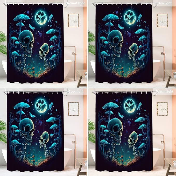 Shrahala Happy Halloween Funny Decorative Shower Curtain, Skeletons Grass Mushrooms Starry Sky Bathroom Décor Polyester Fiber Waterproof with Plastic Rings for Shower Stall Bathtubs 72 x 60 in